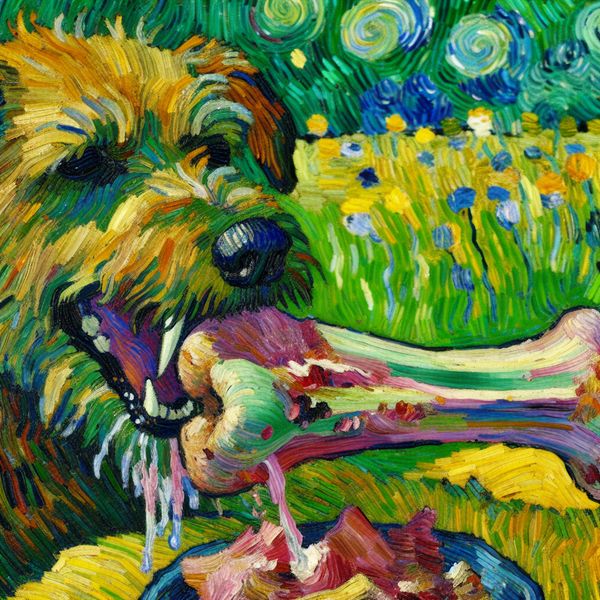 Dierenbot met vleesresten - educatieve illustratie voor taal en anatomie Vrolijke, ruige hond die geniet van een groot, sappig dierenbot met vleesresten in een zonnige tuin, geschilderd in Van Gogh-stijl