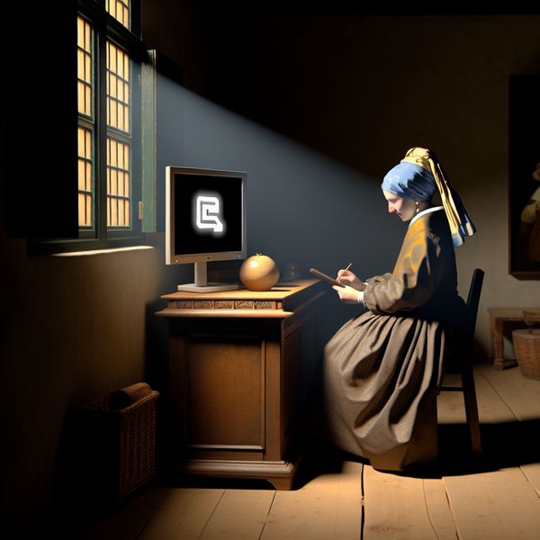 17e-eeuws Nederlands interieur met persoon achter houten bureau die naar een gloeiend computerscherm kijkt met een digitaal bestand icoon, Vermeer-stijl