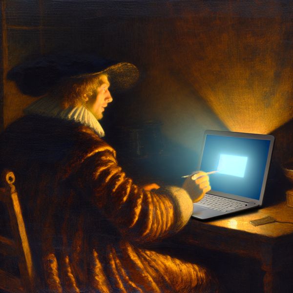 Digitale communicatie in historische setting: e-mail schrijven in Rembrandt-stijl 17e-eeuws Hollands interieur met persoon die een e-mail schrijft op een moderne laptop, Rembrandt-stijl met dramatisch clair-obscur