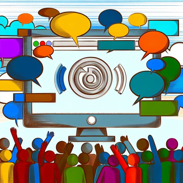 Een kleurrijke digitale scene met een grote computerscherm van Reddit en spraakballonnen van diverse discussies.