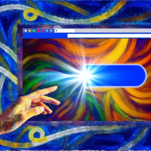 Dynamische digitale interactie met een hyperlink op een website Vibrante digitale scène met een computerbeeldscherm en een blauwe hyperlink die een krachtige lichtstraal uitstraalt, hand reikt naar de link.