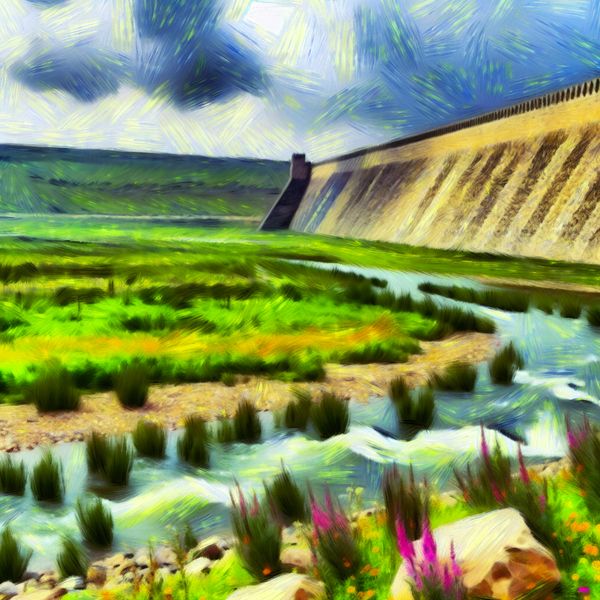 Dijk beschermt het platteland tegen overstromingen Een indrukwekkende dijk beschermt een groene countryside tegen opkomende overstromingen met wildbloemen op de top.