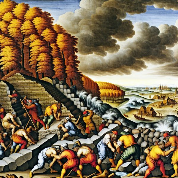 Dijk Renoveren in Barokstijl Een dramatische Barok afbeelding van arbeiders en ingenieurs die actief een oude dijk renoveren, met op de achtergrond stormachtige lucht en een vredig dorp.
