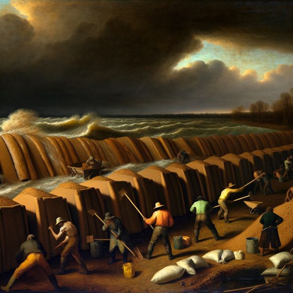 Bouwen van Dijken tijdens Stormachtig Weer Arbeiders bouwen stevige dijken langs een woelige rivier tijdens een storm.