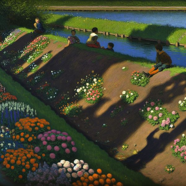 Dijkje in de Tuin met Kinderen en Bloemen Een serene tuin met een dijkje bedekt met kleurrijke bloemen en kinderen die vrolijk spelen naast een kalm water.