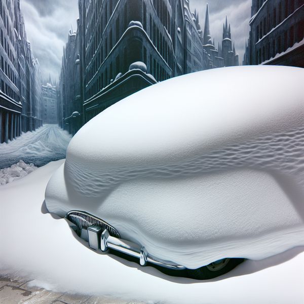 Hyperrealistisch surrealistisch tafereel van een besneeuwde auto met een dikke, gladde sneeuwlaag in een verlaten stad, stijl van Carel Willink