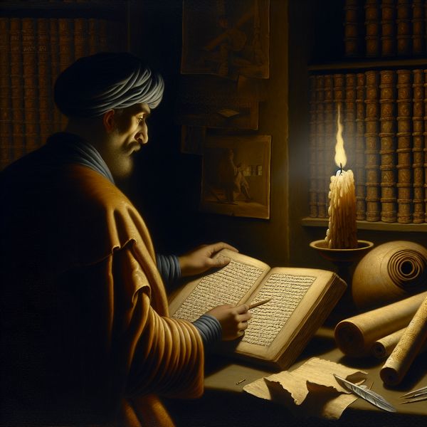 Studie kamer met open boek en warm licht Een dim verlichte studeerkamer met een open boek op een bureau, omringd door oude perkamenten en veren, met een karakter dat een nadenkende uitdrukking heeft while het een manuscript met correcties en aantekeningen bekijkt.