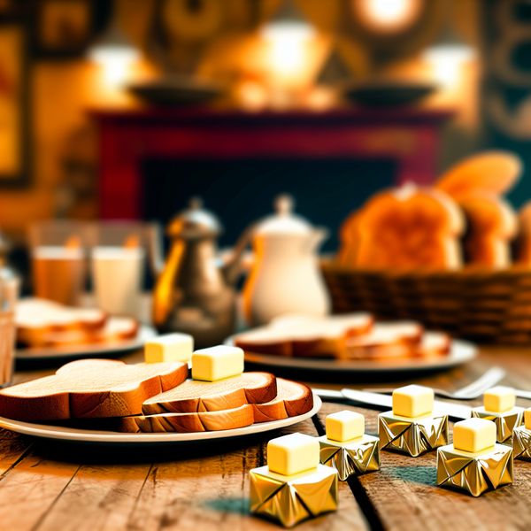 Diminutieve botertjes op houten tafel met toast Een houten eettafel met een bord toast en retro-futuristische botertjes eromheen