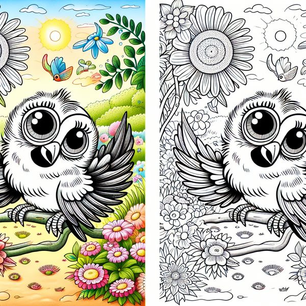 Diminutieve Schattige Vogels in een Tuin Schattige cartoonachtige vogels in een kleurrijke tuin, zittend op een bloeiende plant.
