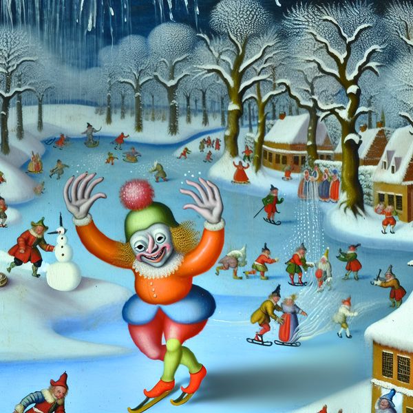 Diminutieve winterwonderland scène Een klein humanoïde figuur met kleine armen, in kleurrijke winterkleding, speelt in de sneeuw in een winterlandschap.
