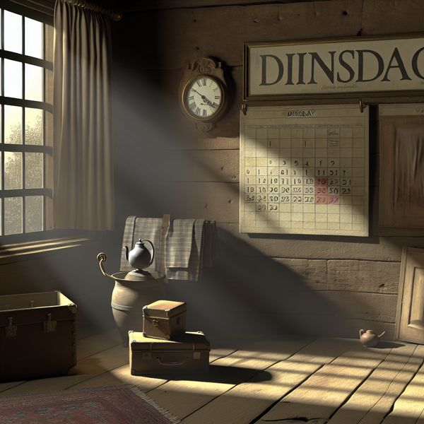 Dinsdagochtend in Vermeer-stijl: tijdstip en voorbereiding voor taalstudenten Stille dinsdagochtend met zonlicht, kalender met omcirkelde dinsdag, half ingepakte koffer en klok op 6:30 uur in Vermeer-stijl