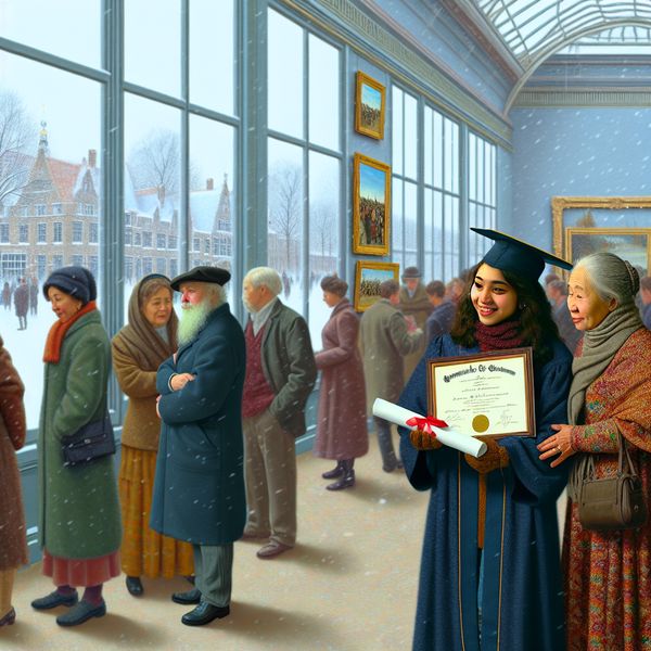 Diploma Presenteren in een Kunstgalerie tijdens Winter Jonge vrouw toont haar diploma aan haar blije, oudere ouders in een kunstgalerie, met sneeuw die buiten valt.
