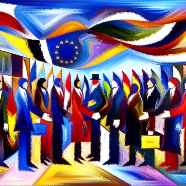 Diplomatieke vertegenwoordiging in het buitenland: abstracte kunst met internationale samenwerking Abstracte voorstelling van een diplomatieke missie met kleurrijke figuren die internationale samenwerking symboliseren, in de stijl van Karel Appel