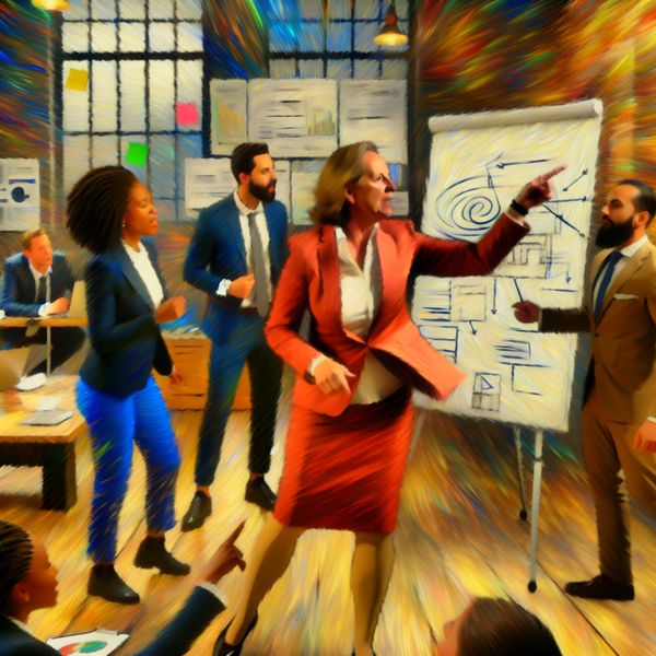 Directeur in levendige kantooromgeving die zonder tussenkomst van anderen een team toespreekt en een plan op een whiteboard aanwijst