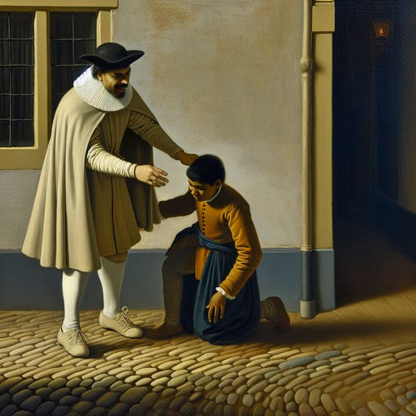 Schilderij in Vermeer-stijl van een jongen die valt op een kasseienstraat terwijl een arts direct reageert door hem te helpen