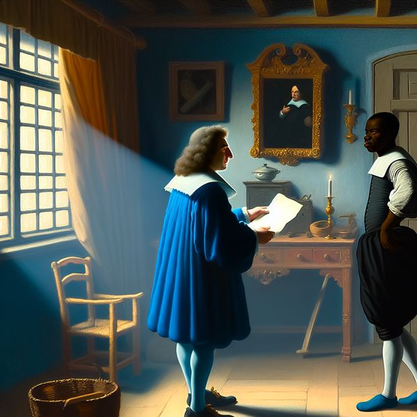 Discriminatie in Vermeer-stijl: ongelijke behandeling vanwege huidskleur Twee personen in een Vermeer-achtige setting, waarbij de ene persoon met een lichtere huidskleur de ander met een donkere huidskleur negeert, wat discriminatie uitbeeldt