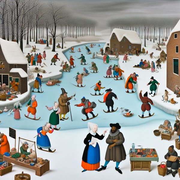 Reden achter een reactie: discussie over oorzaak in winterse setting Twee mensen discussiëren fel over een document op een bevroren kanaal in een levendige winterse scène, met schaatsers en verkopers op de achtergrond
