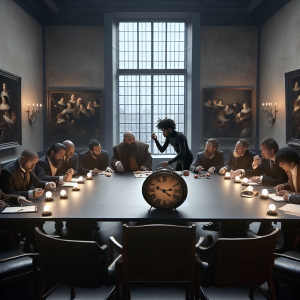 Discussie over de Toekomst in een Klassieke Vergaderzaal Groep diverse individuen in een klassieke vergaderzaal, bespreken de toekomst terwijl ze op hun horloges kijken.