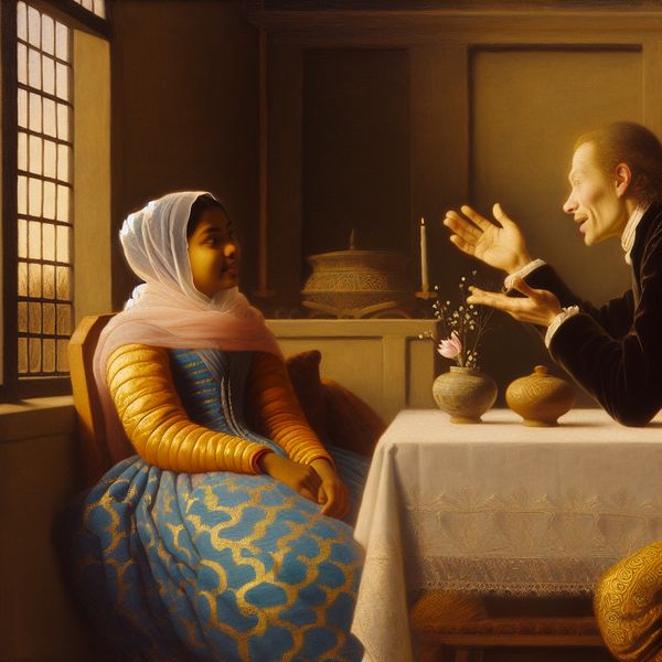 Twee mensen in een sereine setting voeren een doordachte discussie aan een tafel, met een nadruk op diverse perspectieven.