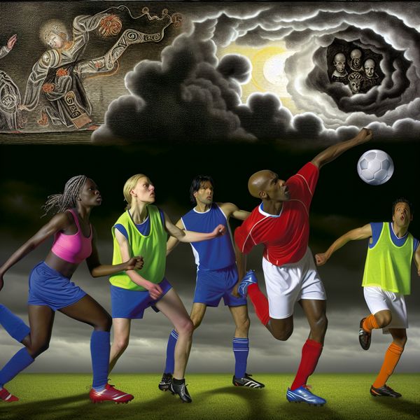 Voetbal Scene van Diverse Atleten in Nederland Diverse atleten spelen voetbal op een groen veld onder een dramatische donkere lucht