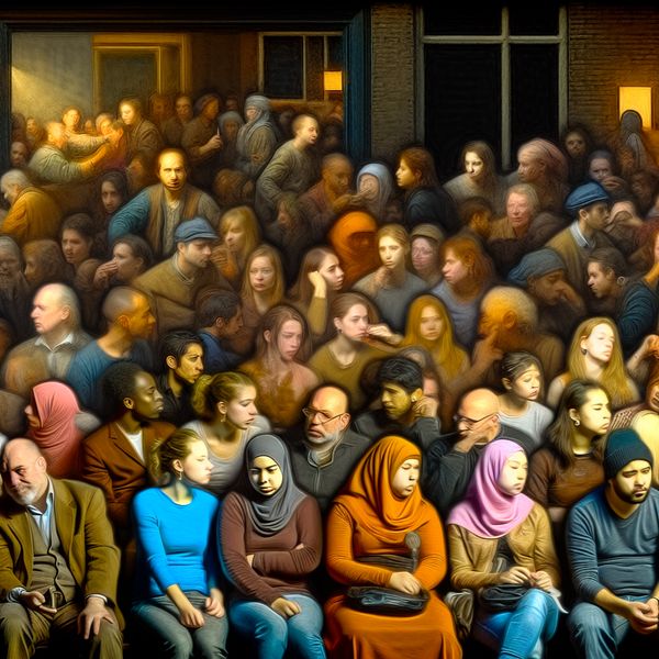 Diverse Bevolking in Stedelijke Omgeving Een diverse menigte met mensen van verschillende achtergronden in een stedelijke omgeving, gefocust op interacties en expressies.