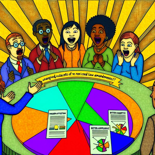 Discussie over Positieve Gevolgen van Wetgeving Groep diverse cartoonfiguren die een grote, kleurrijke cirkeldiagram en feedbackformulieren bespreken, met oog op positieve gevolgen van een recente wetwijziging.
