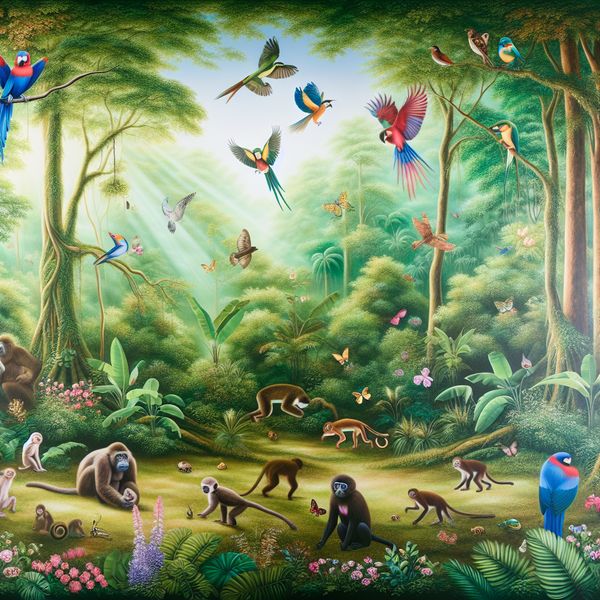 Diverse Dieren in een Weelderig Regenwoud Een weelderig regenwoud met diverse dieren zoals vogels, apen en insecten die harmonieus samenleven in de natuur.