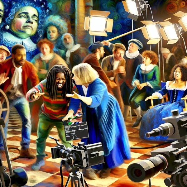 Diversiteit op de Filmset: Inclusiviteit in Acteren en Creatie Een levendige filmset met diverse acteurs en crew, waar een directeur een scène aanstuurt die inclusie en representatie benadrukt.
