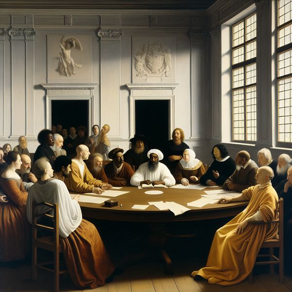 Diverse Groep in Besluitvormingsprocessen Een diverse groep mensen in een elegante raadszaal, zittend rond een grote houten tafel en betrokken in een serieuze discussie.