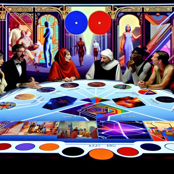Diverse Groep Bespreekt Tijdlijn van Evenementen Een diverse groep mensen rondom een retro-futuristisch tafel, verdiept in een levendige discussie over een kleurrijke tijdlijn van gebeurtenissen.