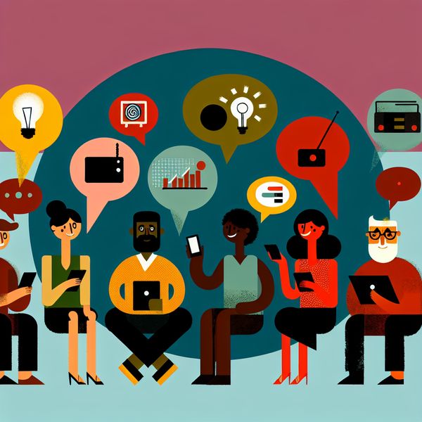 Diverse Groep Mensen in Communicatie met Media Illustratie van een diverse groep mensen die in een cirkel zitten en communiceren met verschillende apparaten.
