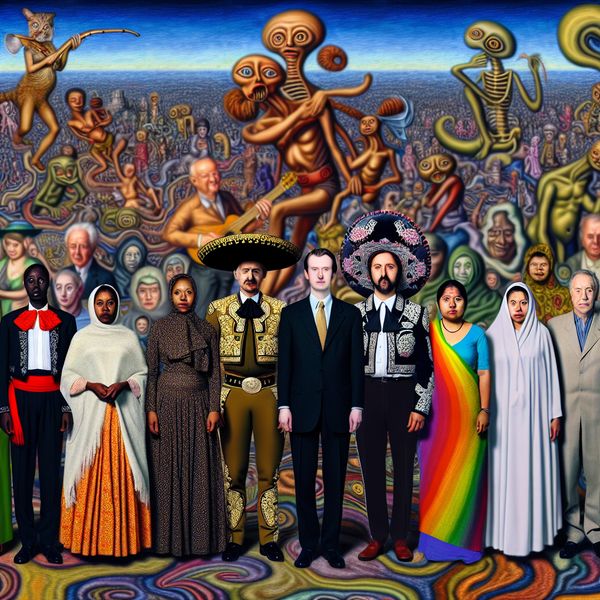Diverse mensen in surrealistische setting voor gelijkheid en rechtvaardigheid Een diverse groep mensen staat zij aan zij in een kleurrijke en surrealistische omgeving, gekleed in traditionele en moderne kleding, onder een droomachtige lucht vol vreemde wezens.