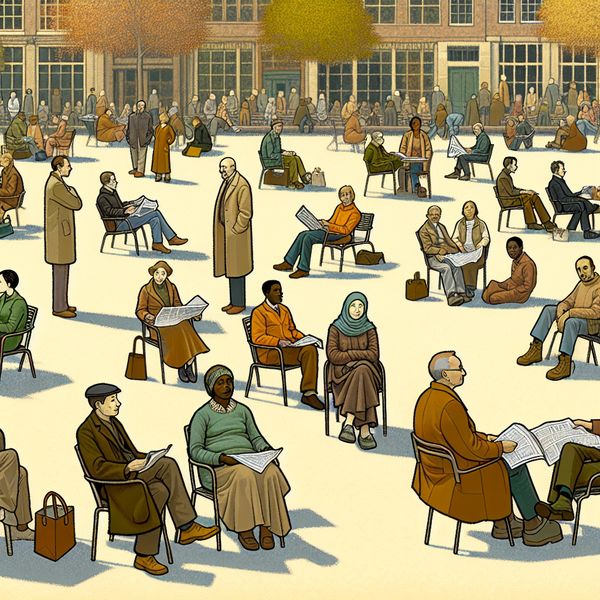 Een serene openbare plein met een diverse groep mensen van verschillende leeftijden en achtergronden die betrokken zijn bij diverse activiteiten.