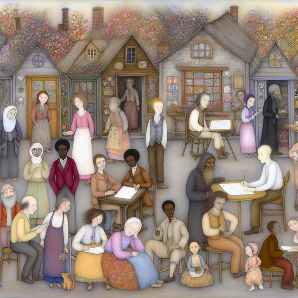 Een diverse groep mensen in een charmant dorp, bezig met het analyseren van sociale en culturele aspecten.