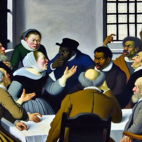 Diverse groep mensen in levendige discussie tijdens vergadering Groep diverse mensen in levendige discussie tijdens vergadering met expressieve gebaren en gezichten, gekleed in formele kleding in een kantoorruimte.