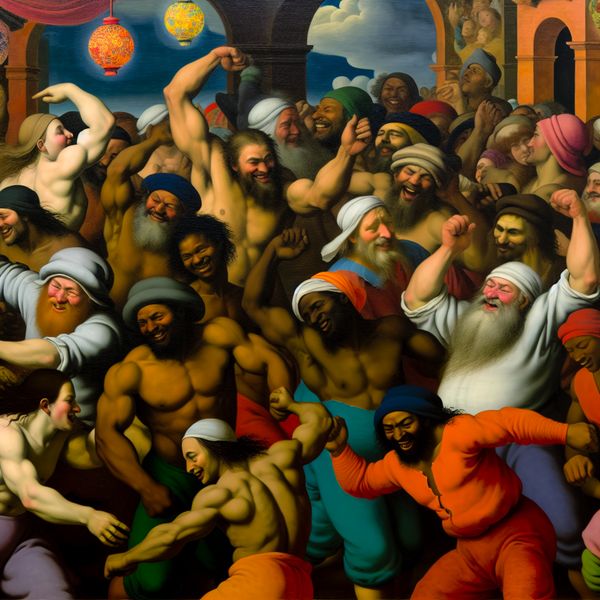 Een grote, diverse groep mensen viert vreugdevol samen met kleurrijke versieringen op de achtergrond.