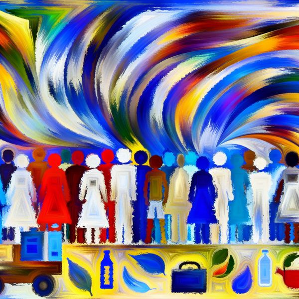 Abstracte voorstelling van een diverse groep mensen van verschillende leeftijden en achtergronden onder een kleurrijke, draaiende lucht