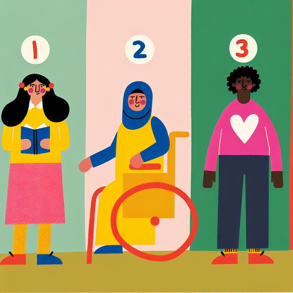 Illustratie van Diversiteit en Behoeften in een Ondersteunende Gemeenschap Minimalistische illustratie van diverse mensen met verschillende behoeften in een kleurrijke omgeving met symbolen die educatie, toegankelijkheid en emotionele steun vertegenwoordigen.