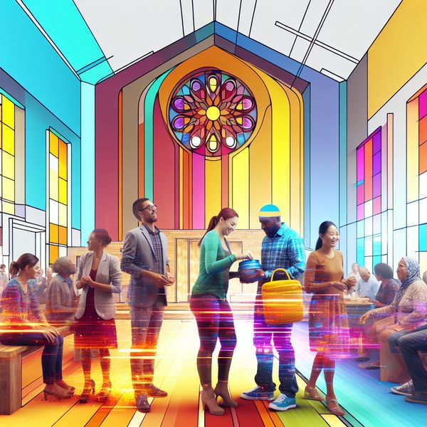 Vibrante Gemeenschapsbijeenkomst in Moderne Kerk Een diverse groep mensen die in een moderne kerk samenkomt en interactie heeft, met kleurrijke glas-in-loodramen op de achtergrond.