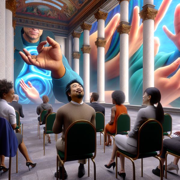 Een diverse groep mensen in een seminar met grote stenen kolommen en een surrealistische architectuur, die betrokken zijn bij discussies en workshops.