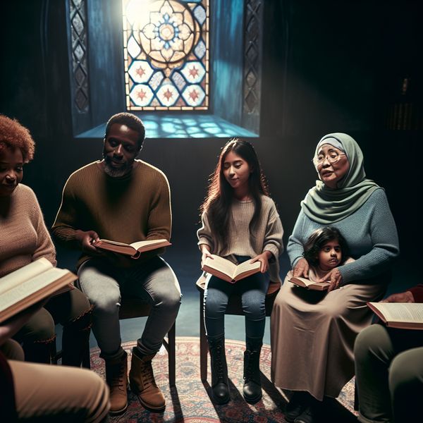 Onderwijs en gelijkheid: Een diverse groep in een leeromgeving Diverse groep mensen van verschillende leeftijden en etniciteiten zitten in een cirkel, bezig met een educatieve activiteit met boeken.