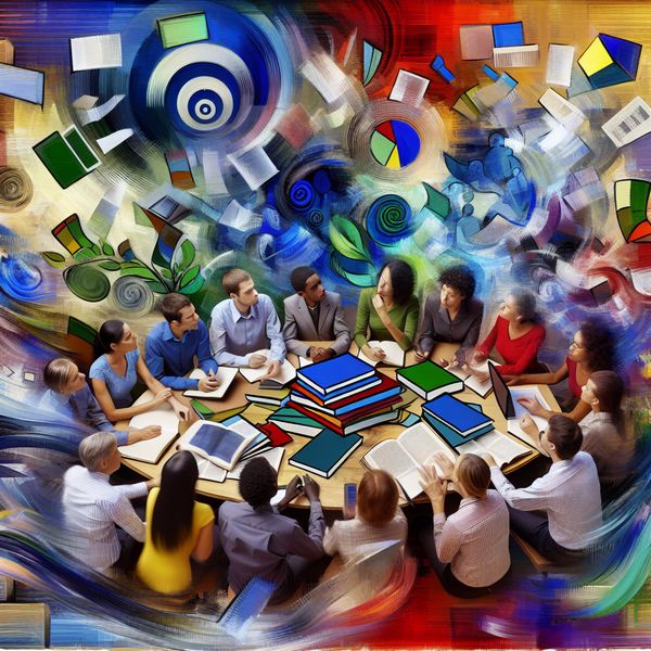 Diverse Groep Onderzoekers Rond Tafel Vol Boeken Een abstracte afbeelding van een diverse groep mensen rond een grote tafel met boeken, grafieken en digitale schermen, die de exploratie en evaluatie van opties in een complexe besluitvorming vertegenwoordigt.