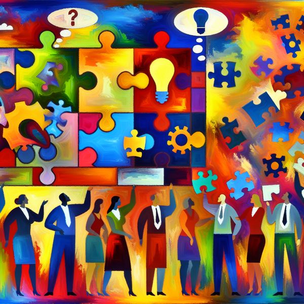 Groep mensen brainstormen over oplossingen met een kleurrijke puzzel Een abstracte afbeelding van een diverse groep mensen rond een groot, kleurrijk puzzel met ontbrekende stukjes en uitvoerende gedachten.
