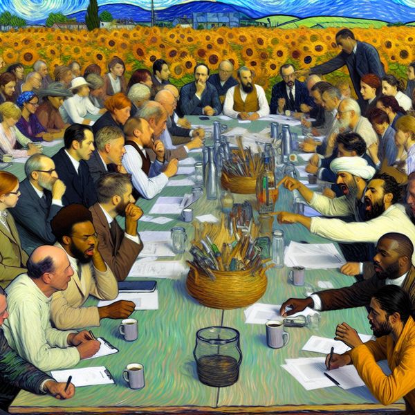 Groep diverse mensen rond een grote tafel, druk in gesprek, met papers en koffie