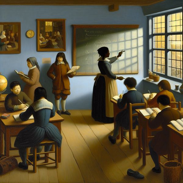 Een diverse groep studenten in een zacht verlichte klas met een enthousiaste leraar die een vreemde taal lesgeeft.