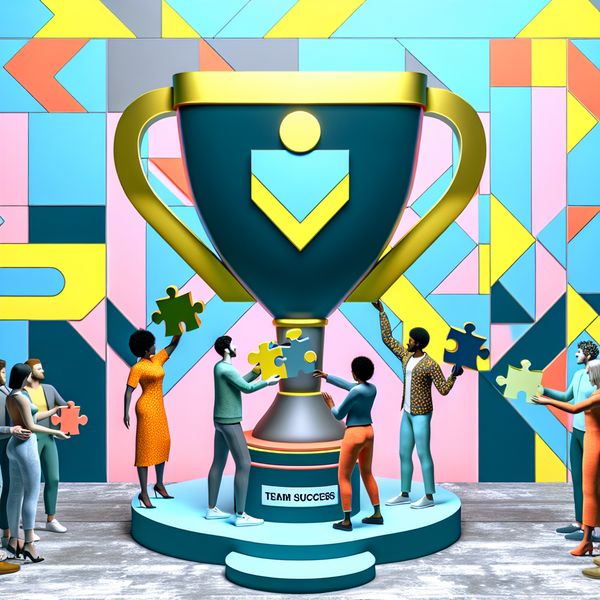 Een diverse groep mensen rond een grote trofee met het label 'Team Success', waarbij elk persoon een unieke puzzelstuk in de trofee past.