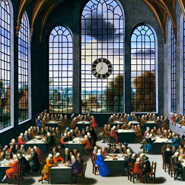 Diverse groepen in vergaderzaal: interactie en samenwerking Een grote vergaderzaal vol diverse groepen mensen die energiek met elkaar discussiëren.