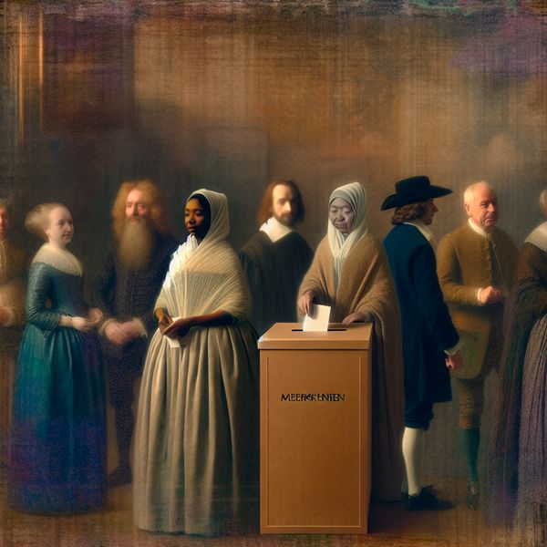 Diverse Individuen Stemmen in een Gemeenschap Een serene afbeelding van diverse individuen die stemmen, met een stilstaande stembus op de voorgrond, in de stijl van Gerard ter Borch.