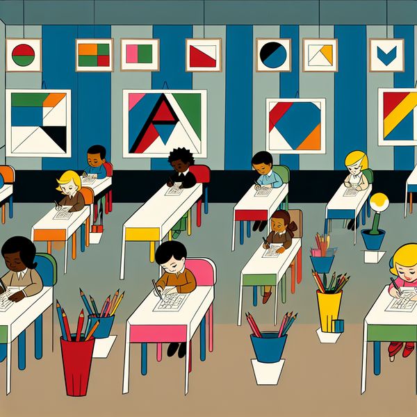 Diverse Kinderen in Hedendaagse Klas voor Taalonderwijs Diverse kinderen in een modern retro-futuristisch klaslokaal, elk gefocust op hun werk.