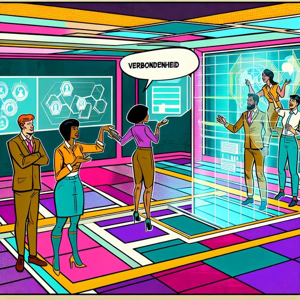 Moderne retro-futuristische illustratie van een diverse groep werknemers in een levendige kantooromgeving, die enthousiast samenwerken aan een project.